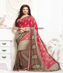 Stupendous Red & Brown coloured Faux Georgette Ethnic Casual Wear Saree