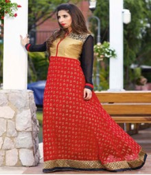 Subtle Golden & Red coloured Georgette Anarkali Suits