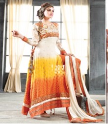 Saara White & Orange coloured Semi-Stitched Salwar Kameez