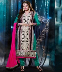 Saara Green & White coloured Semi-Stitched Salwar Kameez