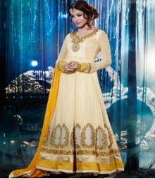 Saara Cream & Yellow coloured Semi Stitched Salwar Kameez