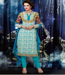 Saara Blue & White coloured Semi-Stitched Salwar Kameez