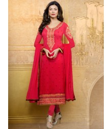 Saara Red coloured Straight Cut(Dress Material) Salwar Kameez